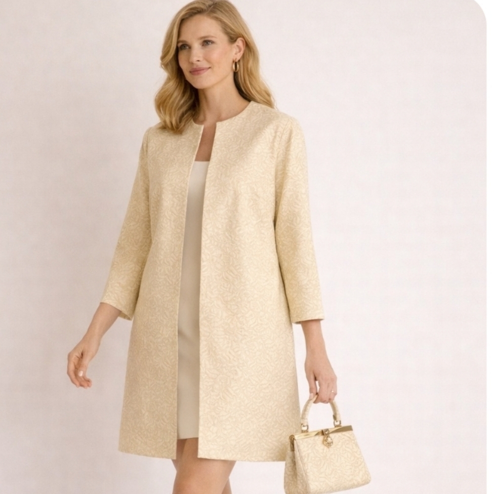 Vintage Brocade Long Coat Cream Gold Textured Luxury  Elegant Statement
